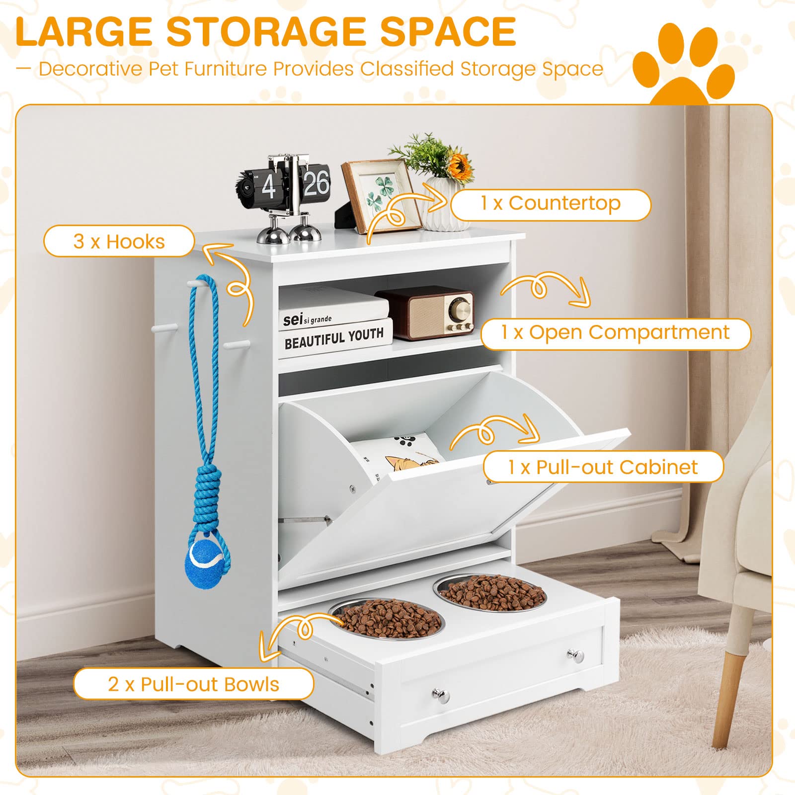 Pet Feeder Station with Storage & Double Bowls