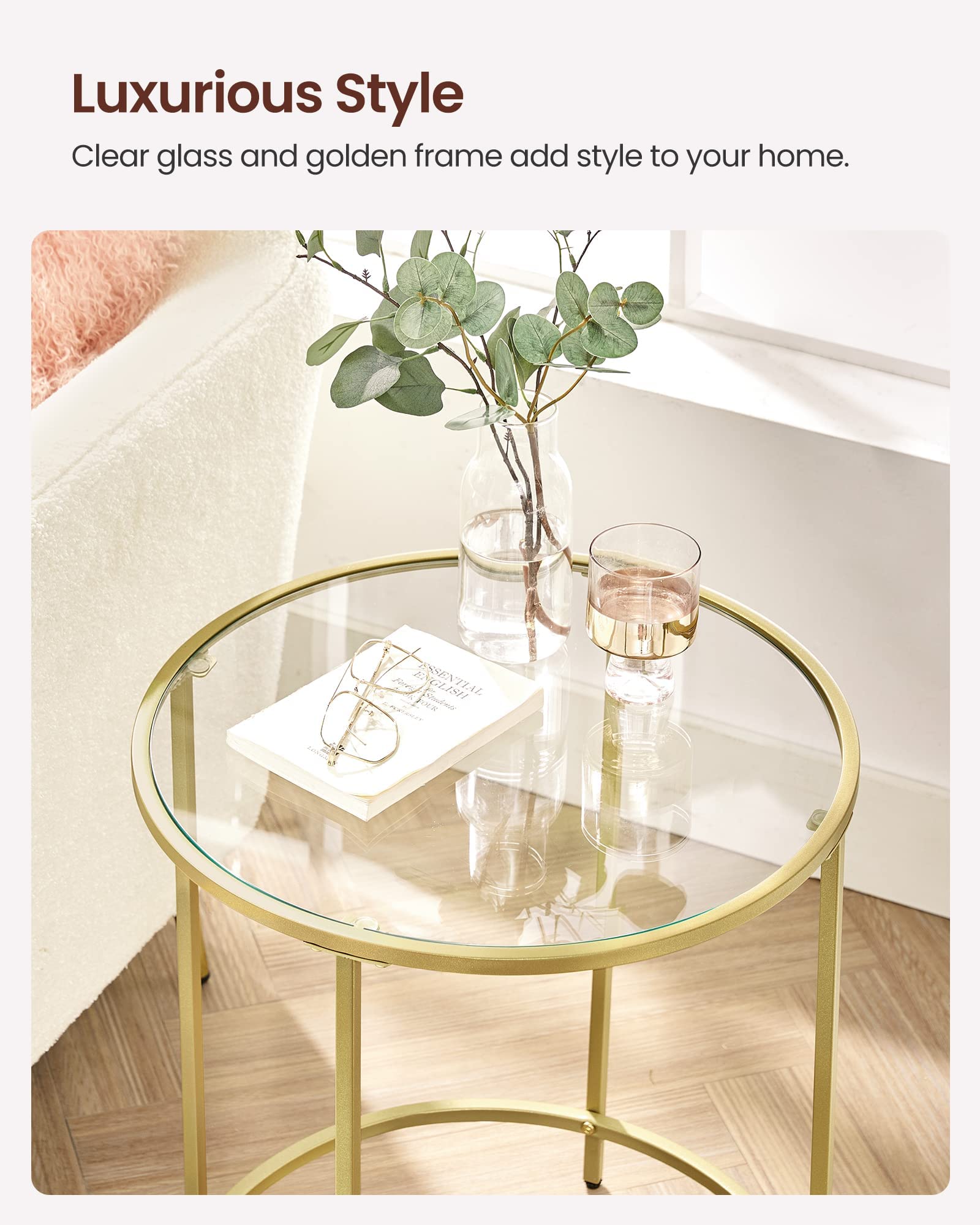 Round Side Tables, Set of 2, Glass End Tables with Metal Frame, Gold Coffee Tables