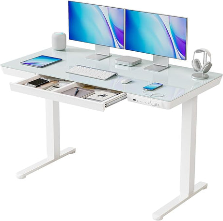 Electric Standing Desk with Drawers, 48 inch Whole-Piece Glass Desktop