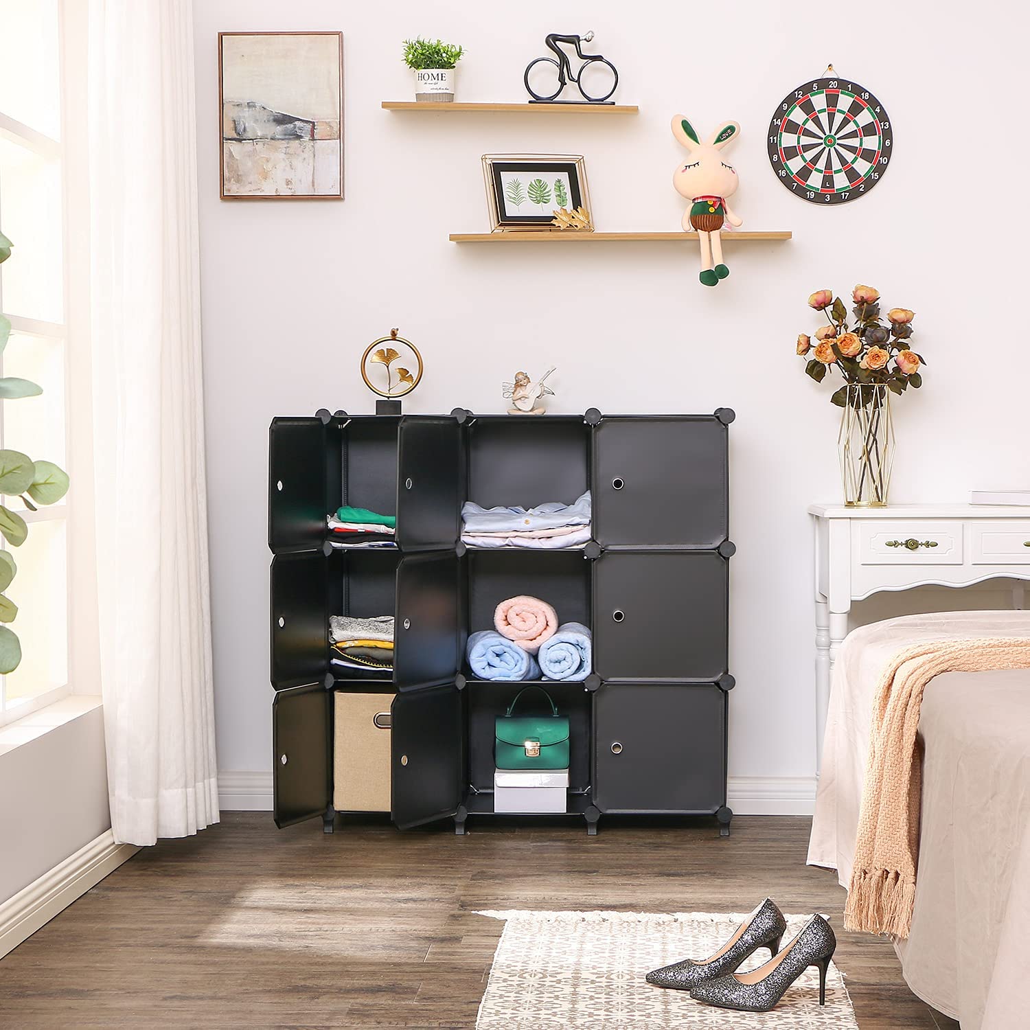 Cube Storage Organizer with Doors 9-Cube Modular DIY Book Shelf with Doors, Cube Storage Shelf, Plastic Storage Cubbies Cabinet for Living Room Bedroom Office 36.8"x12.4"x49.8" Black ULCS09BM