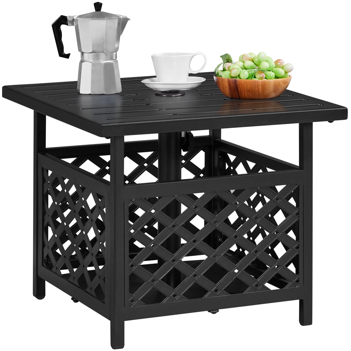 Yaheetech Outdoor Side Table with Umbrella Hole, Outdoor Table Base Metal Patio Side Table Coffee Table End Table for Garden, Pool, Deck - Bircata