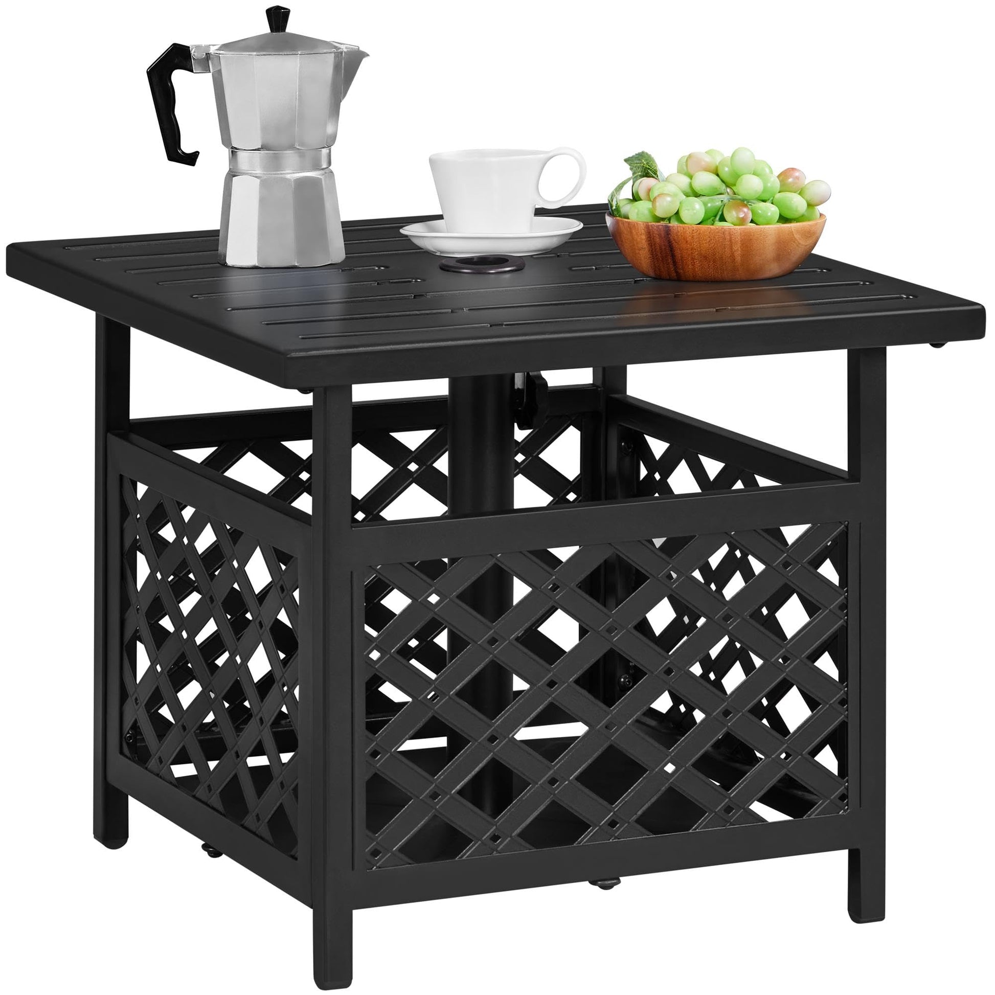 Yaheetech Outdoor Side Table with Umbrella Hole, Outdoor Table Base Metal Patio Side Table Coffee Table End Table for Garden, Pool, Deck - Bircata