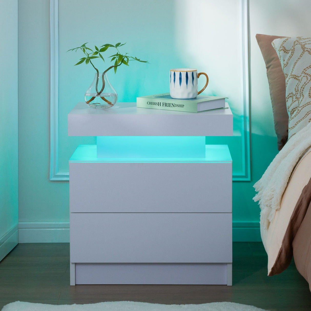 i-aplus Nightstand Set of 2 LED Nightstand with 2 Drawers, Bedside Table