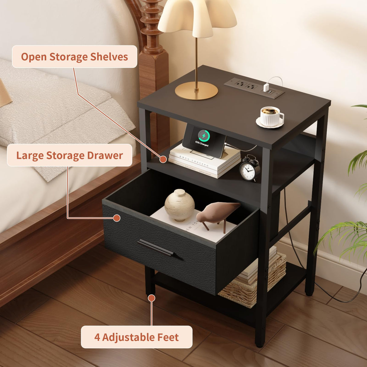 Nightstand with Charging Station, Bedside Table with USB Ports and Outlets