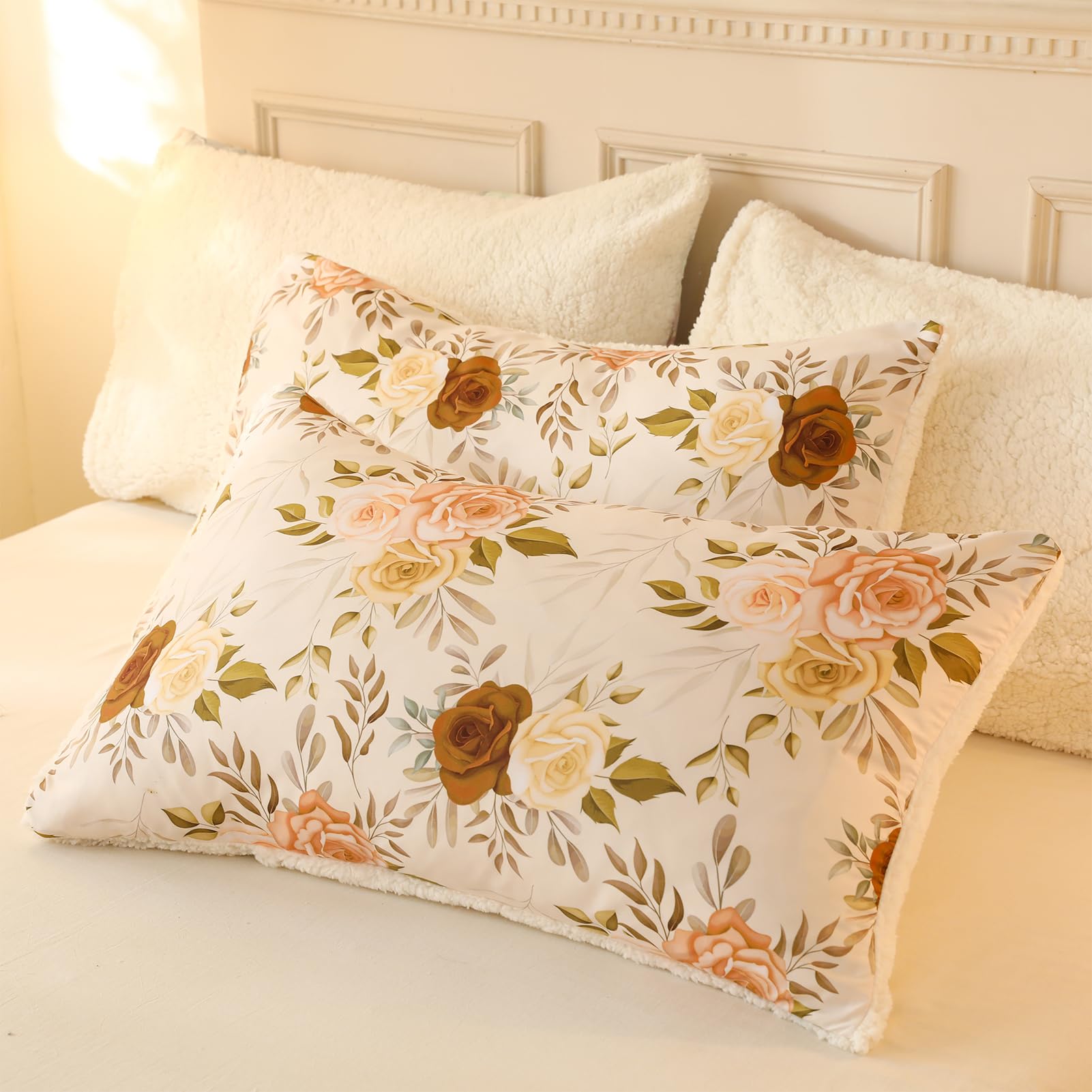 Floral Print Sherpa Comforter Set - Queen Size 3 Pieces Elegant Flowers Botanical Bedding Set Warm Cozy Beige 1 Quilt