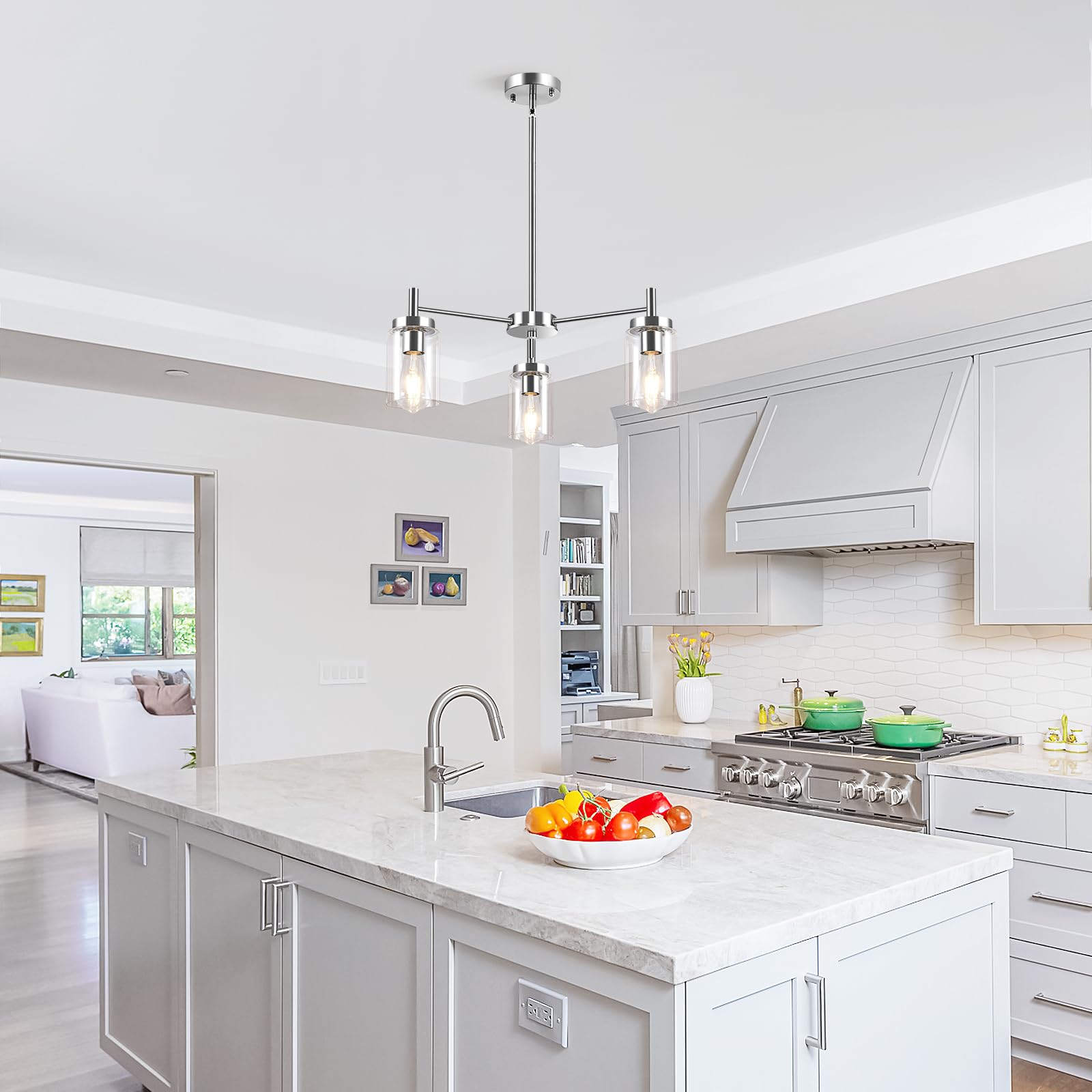 3 Lights Brushed Nickel Modern Farmhouse Chandelier for Dining Room with Glass Shade