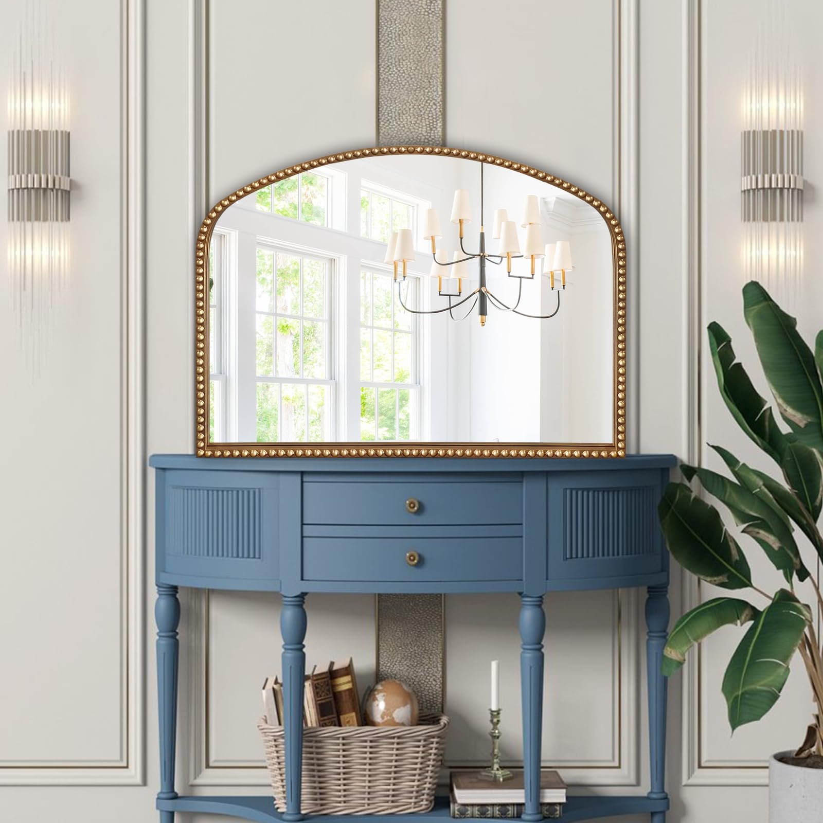 Gold Arched Mirror, 28"x36" Antique Mirrors with Beaded Frame