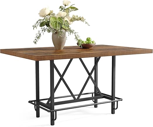 63-Inch Industrial Bar Table with Metal Footrest - Counter Height Pub Table