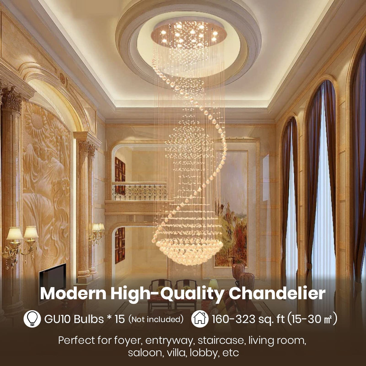 Foyer Chandeliers for High Ceilings, Large Staircase Modern High Ceiling Crystal Chandeliers,