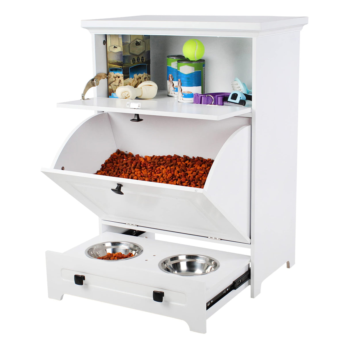 Raised Dog Bowl Stand with Food Storage Cabinet - White Pet Feeding Station
