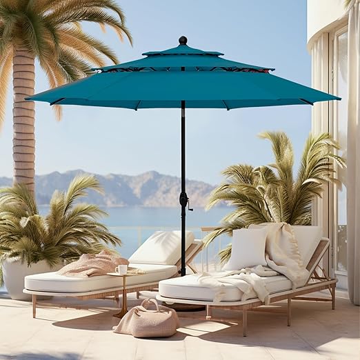 Outdoor Patio Umbrella, Auto-Tilt Market Table Umbrellas with Crank, 8 Sturdy Ribs & 1.5"