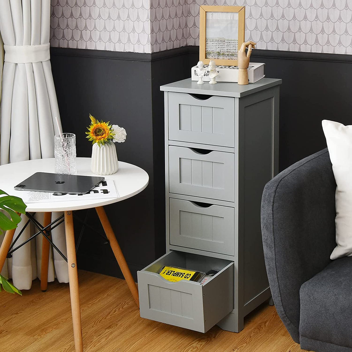 Bathroom Storage Cabinet, Grey Freestanding Floor Cabinet with 4 Drawers & Anti-Tipping Device for Bathroom Living Room Home Office,