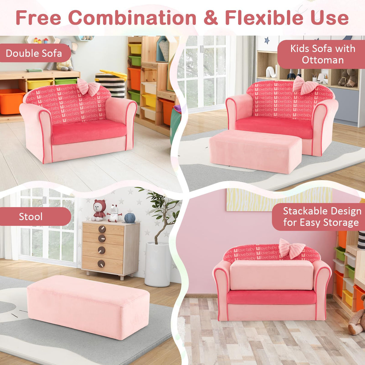 Pink Toddler Couch, Comfy Kids Chair w/Ottoman, Cute Bow, Lightweight Kids Playroom Furniture w/Velvet Cover & Wooden Frame, Princess Style Loveseat for Bedroom, Kids Sofa for Girls Boys