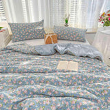 Blue Floral Queen Size Comforter Set, Pink Flower Green Leaf Print Pattern