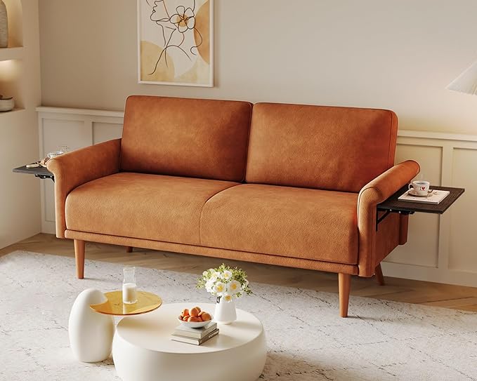 70" Loveseat Sofa with Foldable Side Table, Modern 2 Seater Couch