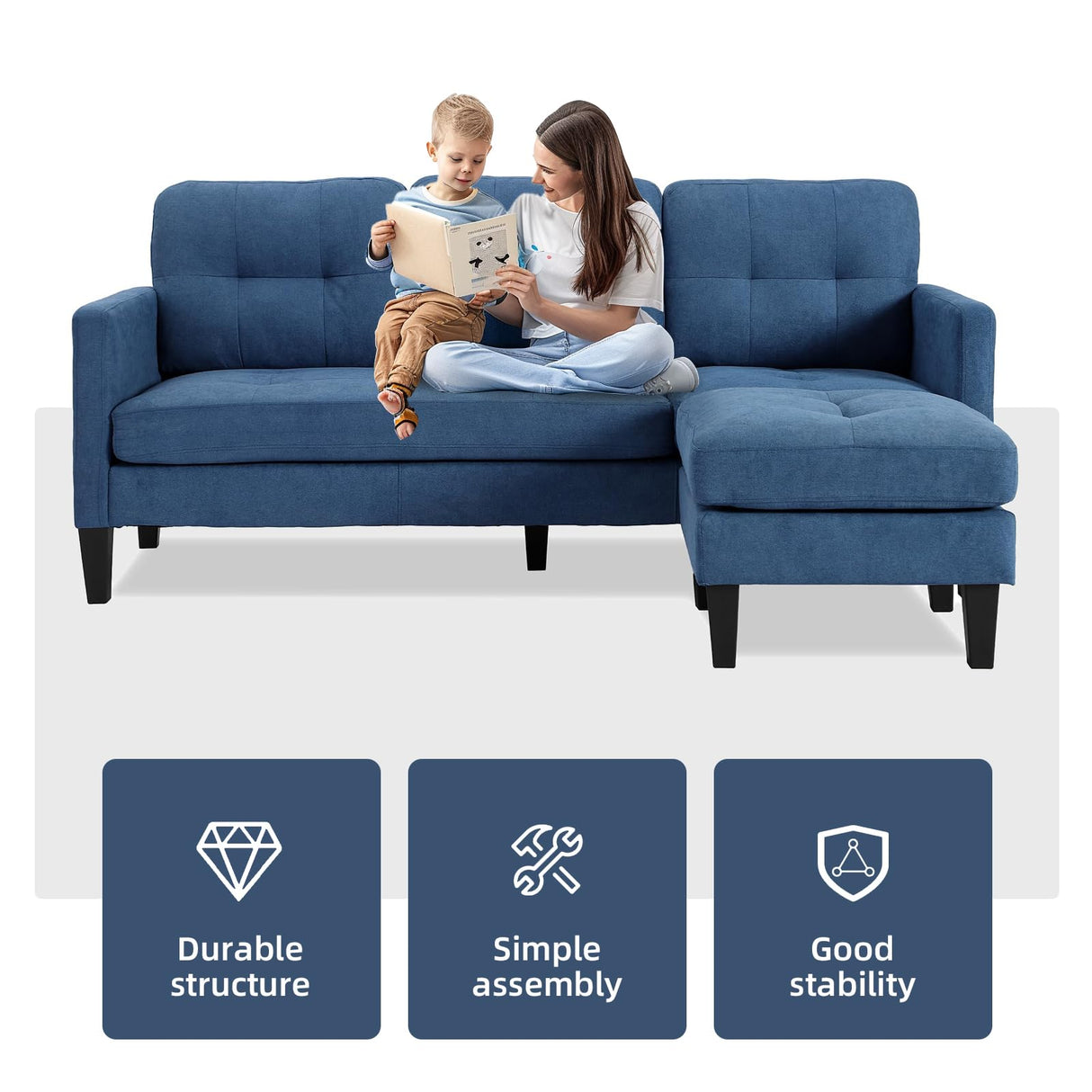 GlasFlength L-Shaped Sectional Modern Sofa - Convertible Sofa Sleeper Sofa Bed Couch Set with Reversible Chaise, Lounge Sofa Modular Cloud Sofa Couch for Living Room Apartment Small Space (Blue)