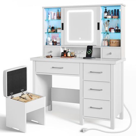 Vanity Desk with Lighted Sliding Mirror & Power Outlet, Vanity Table Set with Chair