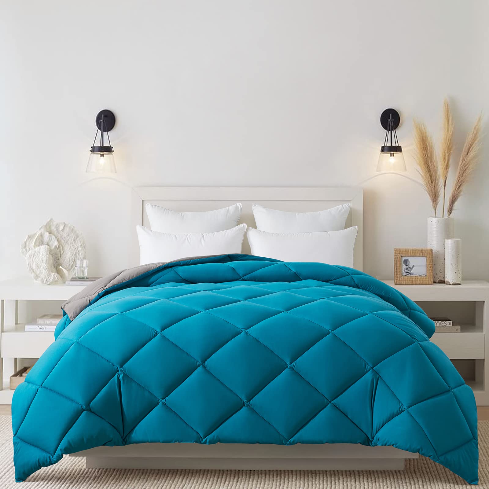 Down Alternative Comforter (Algiers Blue/Dark Grey, Full) - All Season Soft Quilted Full Size
