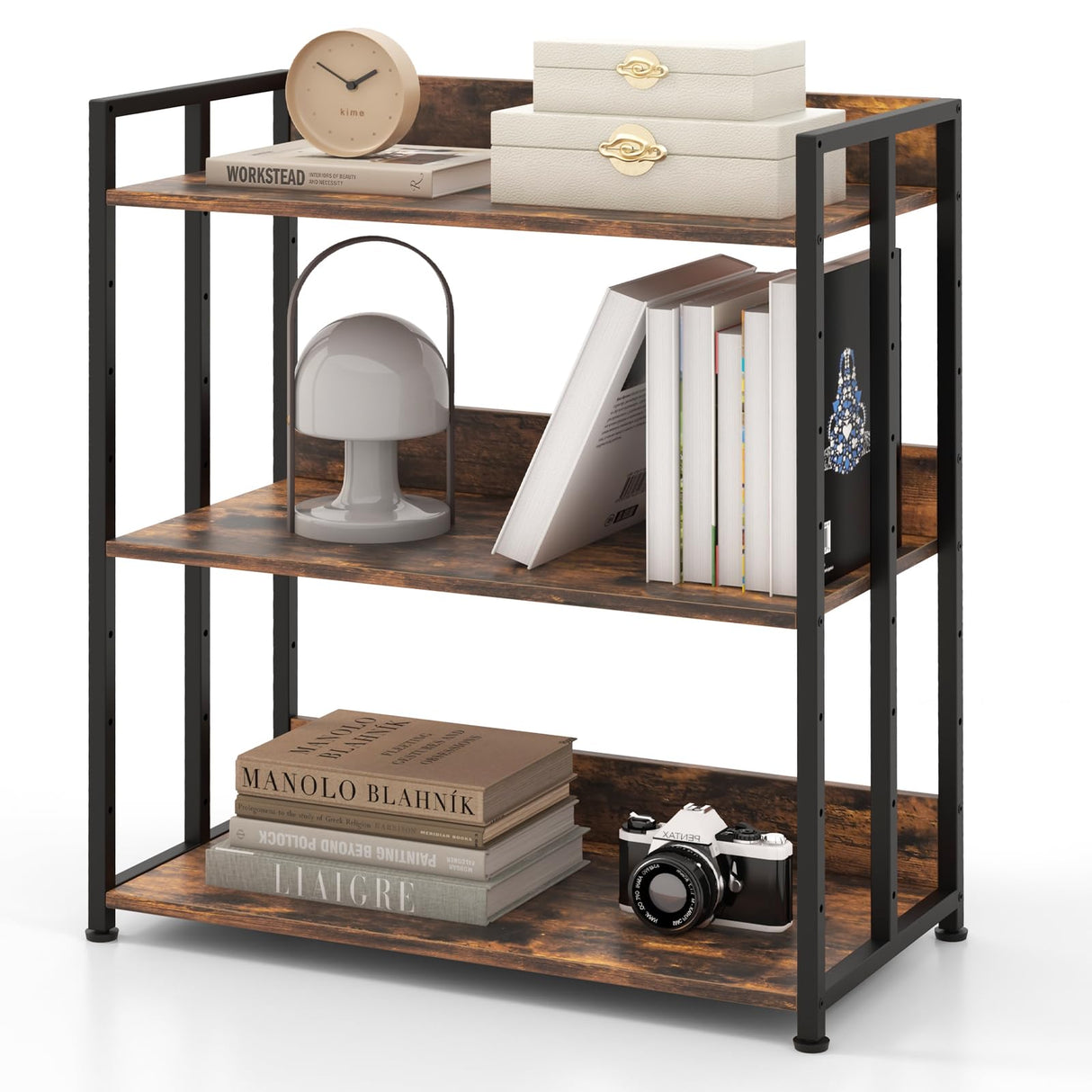 Industrial 3-Tier Bookshelf, Freestanding Bookcase with Adjustable Shelves