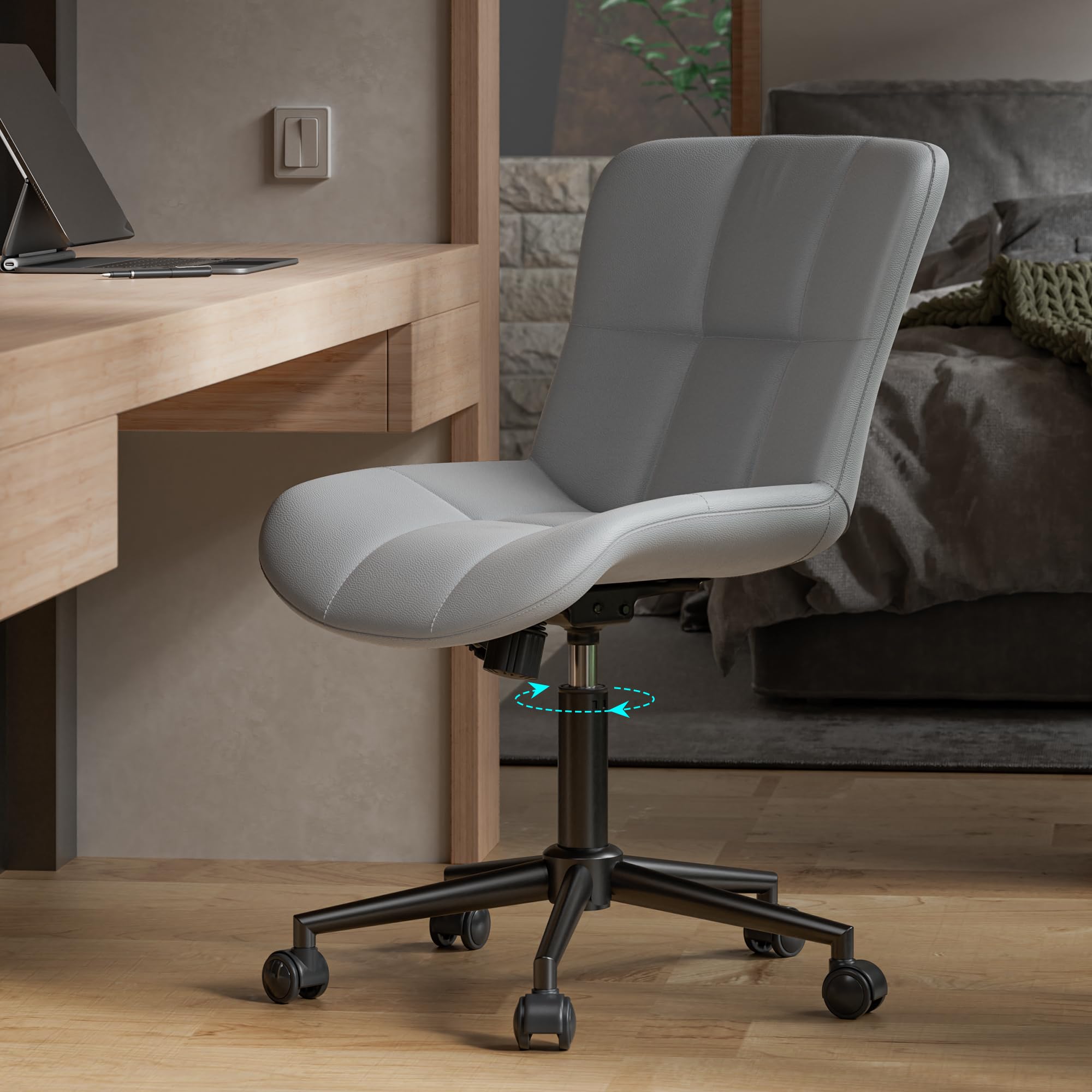 Armless Desk Chair with Wheels for Home Office, PU Leather Comfty Desk Chair Modern Height Adjustable, Swivel Computer Task Chairs, Cute Makeup Vanity Chair（Gray）
