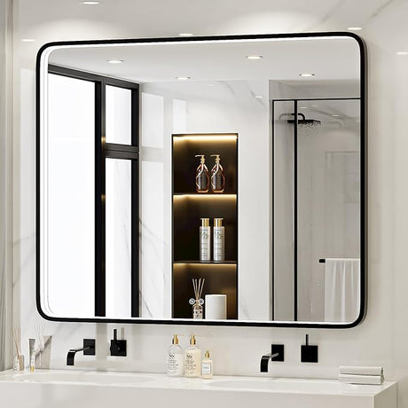 36x24 Inch LED Bathroom Mirror with Lights, Black Metal Frame Mirror