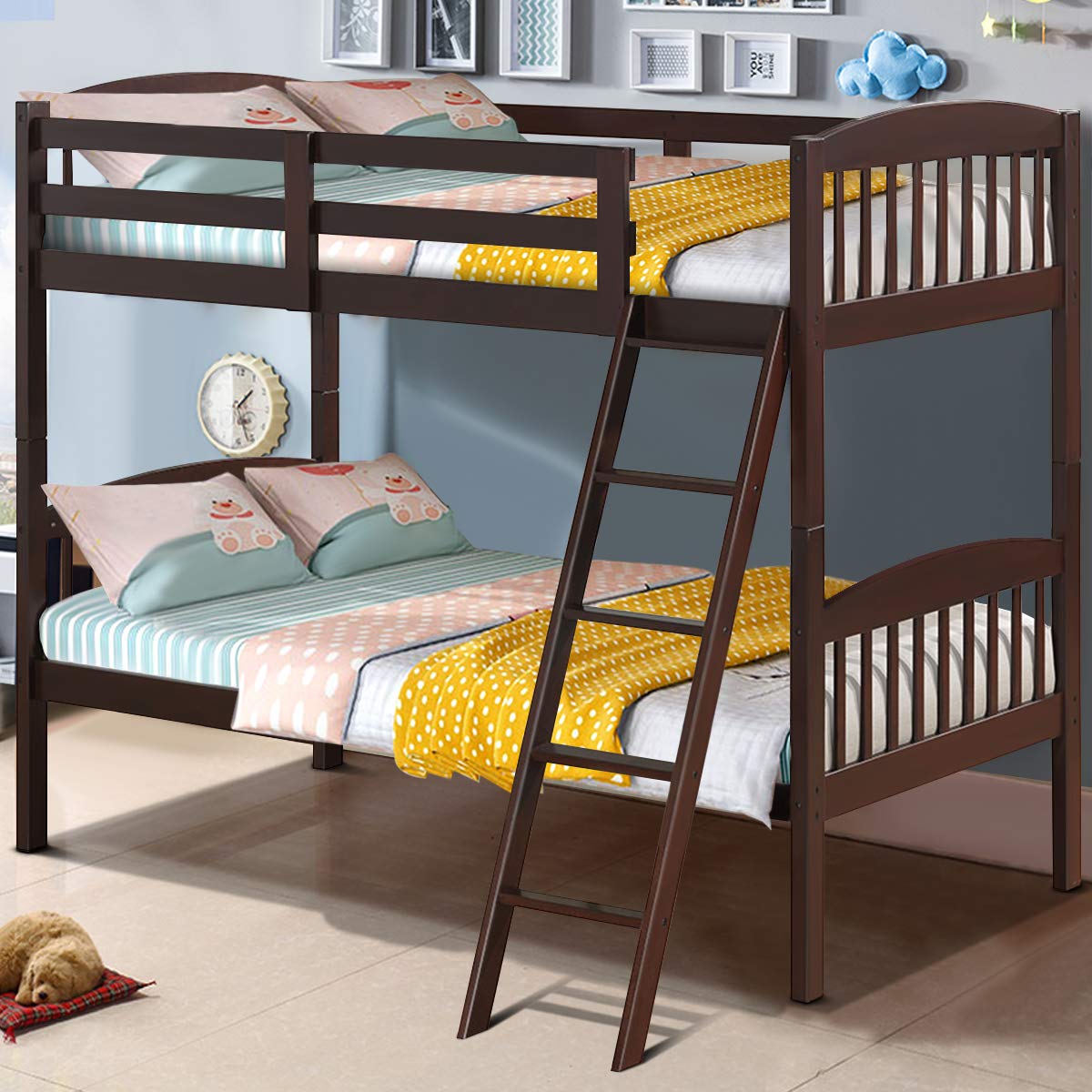 Twin Bunk Beds, Convertible Into Two Individual Solid Rubberwood Beds, Children Twin