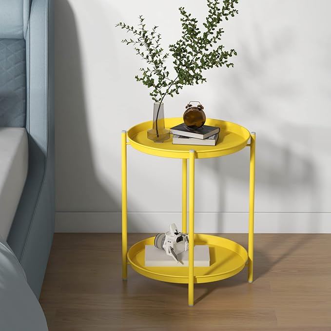 End Table, Round Metal Side Table with Removable Tray, Small Storage Side Table Outdoor