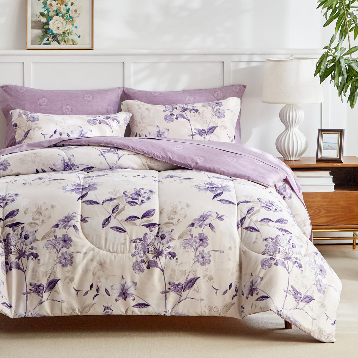 7-Piece Queen Size Bed in a Bag Comforter Set - Lilac Purple Floral Ensemble