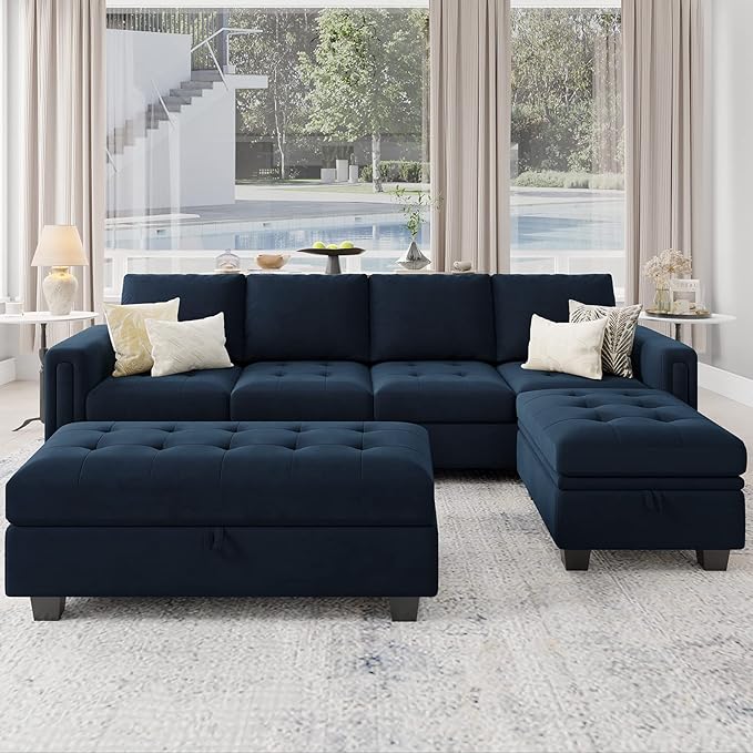 Velvet Convertible 4-Seat Sectional Sofa with Reversible Chaise L Shaped Sofa