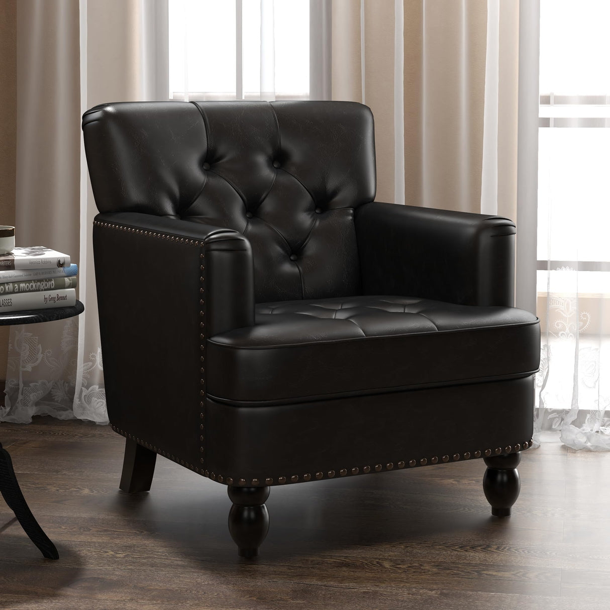 Faux Leather Accent Chair Set of 2, Upholstered Button Tufted Armchair Club Reading