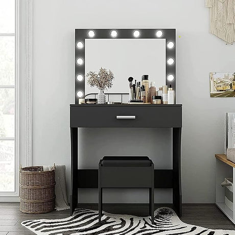 Vanity Table Set with Lighted Mirror - Makeup Vanity with Lights, Adjustable Brightness, Large Drawer Sturdy Wood Vanity, White 80x40x140cm