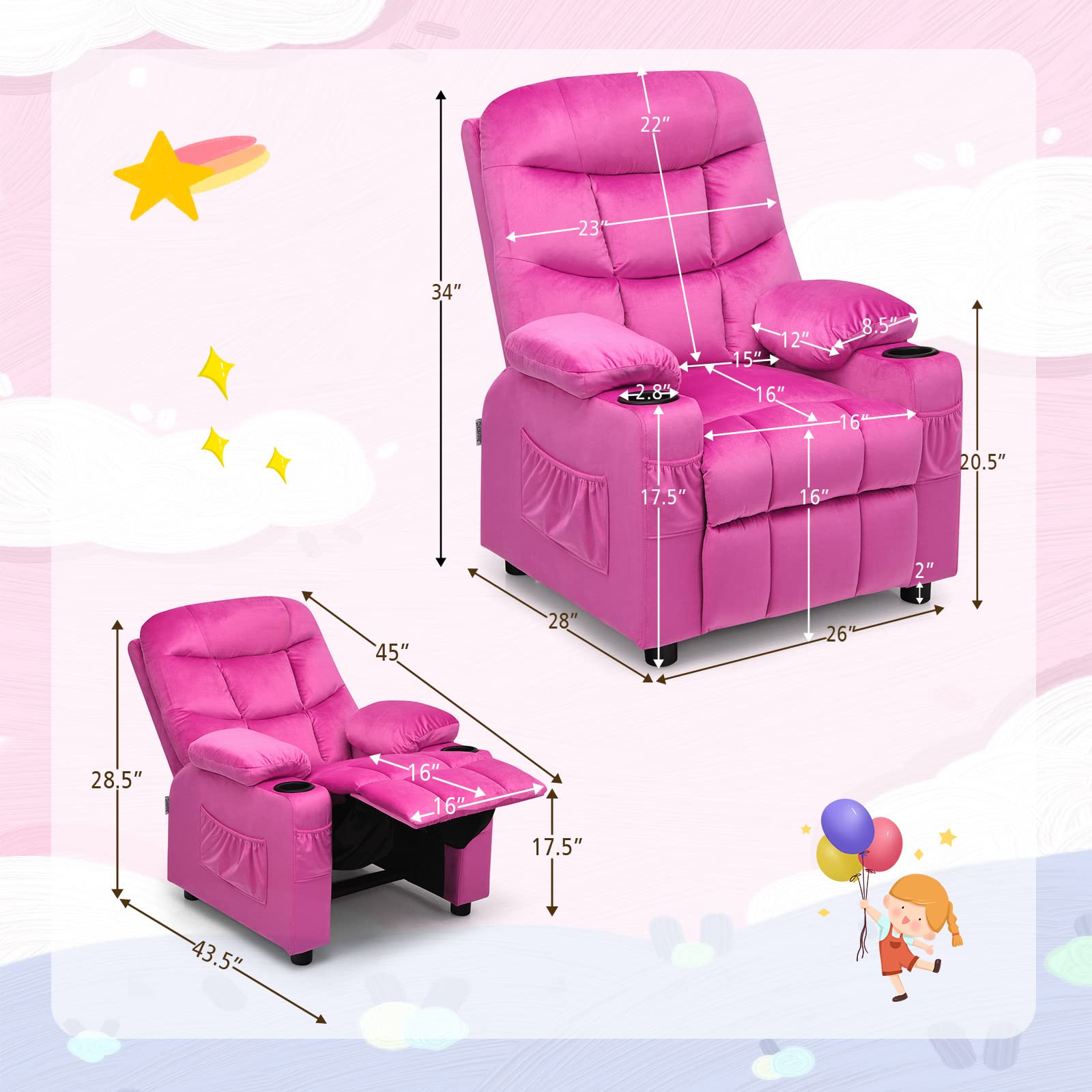 Larger Kids Recliner Chair, Adjustable Lounge Recliner w/ 2 Cup Holders, 1 Side Pocket