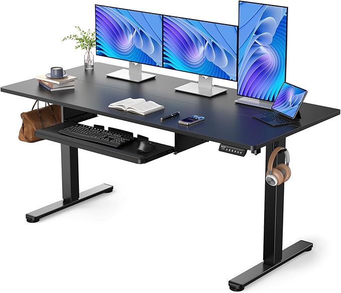 Electric Standing Desk with Keyboard Tray, 55x28 Inches Adjustable Height Sit Stand