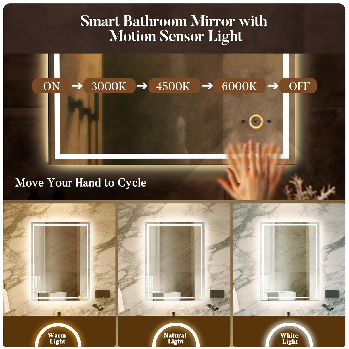 LED Bathroom Mirror 24x32 - Dimmable, Anti-Fog, Hand Wave Control