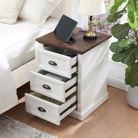 Farmhouse Nightstand with Charging Station, 3 Drawer Dresser for Bedroom