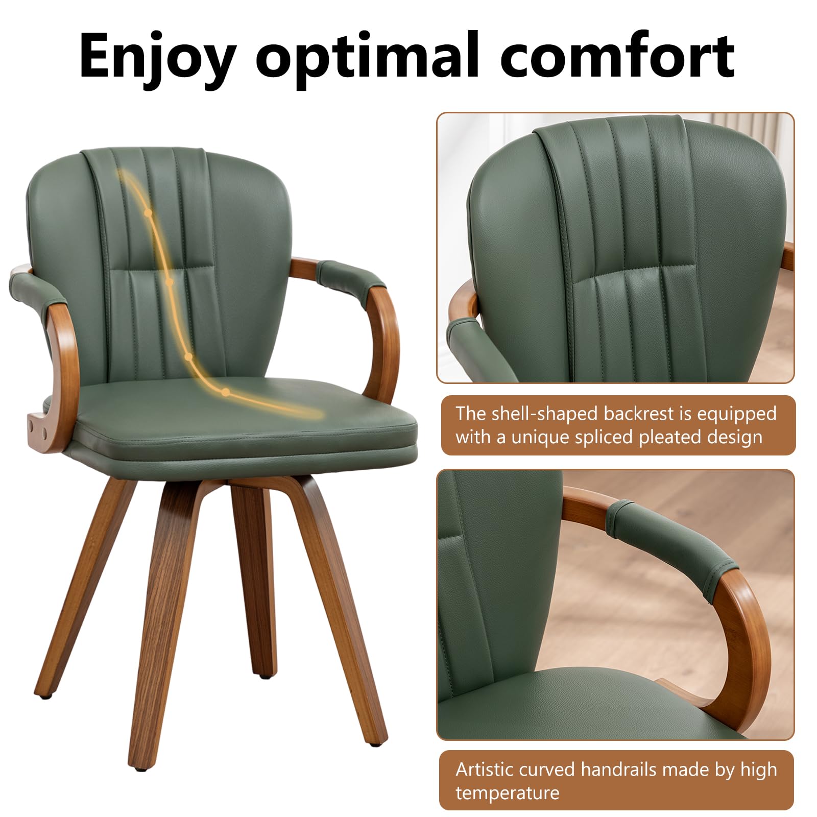 Swivel Dining Chairs Set of 4 - Green Leather Mid Century Modern