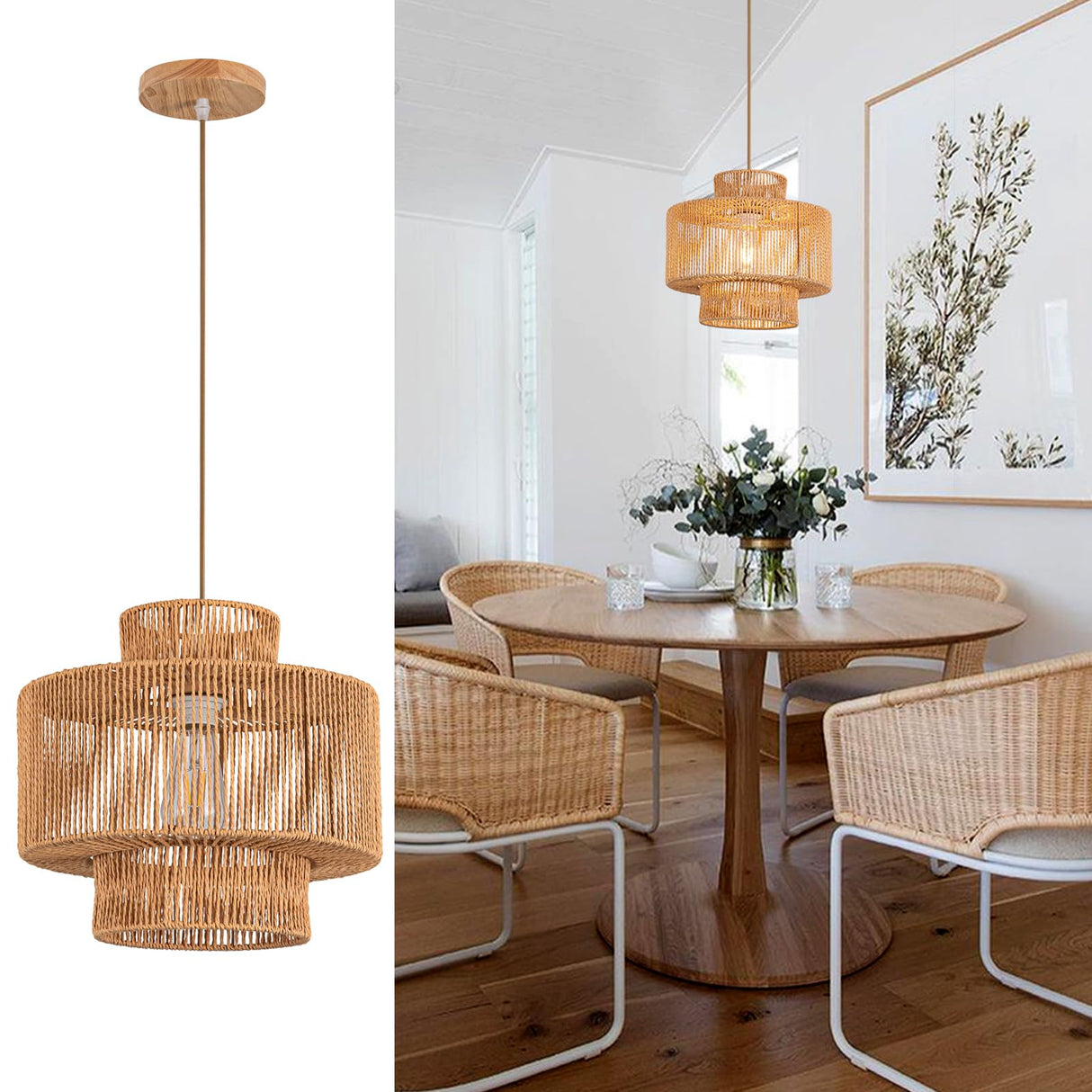 Rattan Pendant Light Fixture Boho Hanging Light Woven Rattan Ceiling Light Adjustable