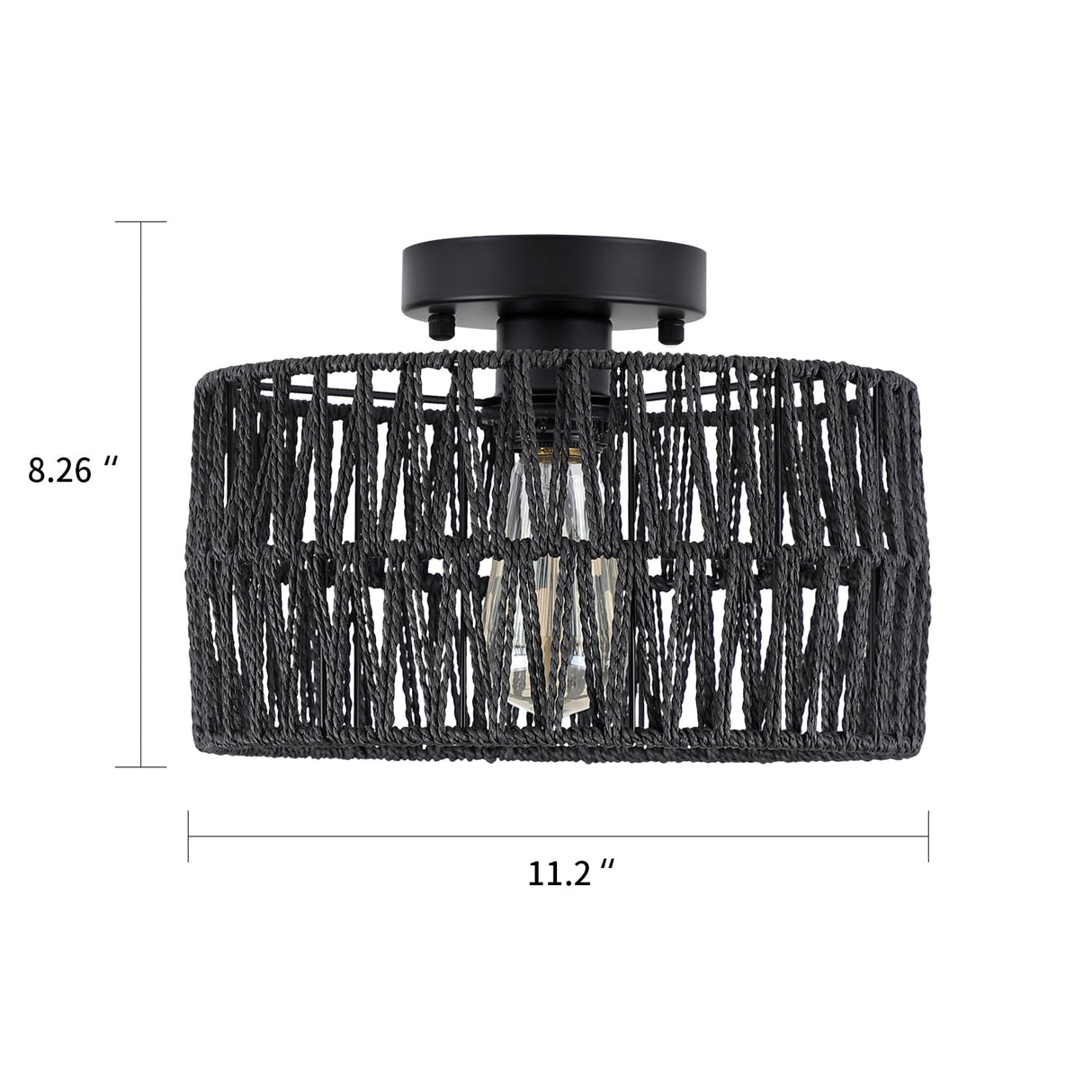 Coastal Black Woven Flush Mount Light Fixture Rustic Industrial Hemp Rope Round Flush