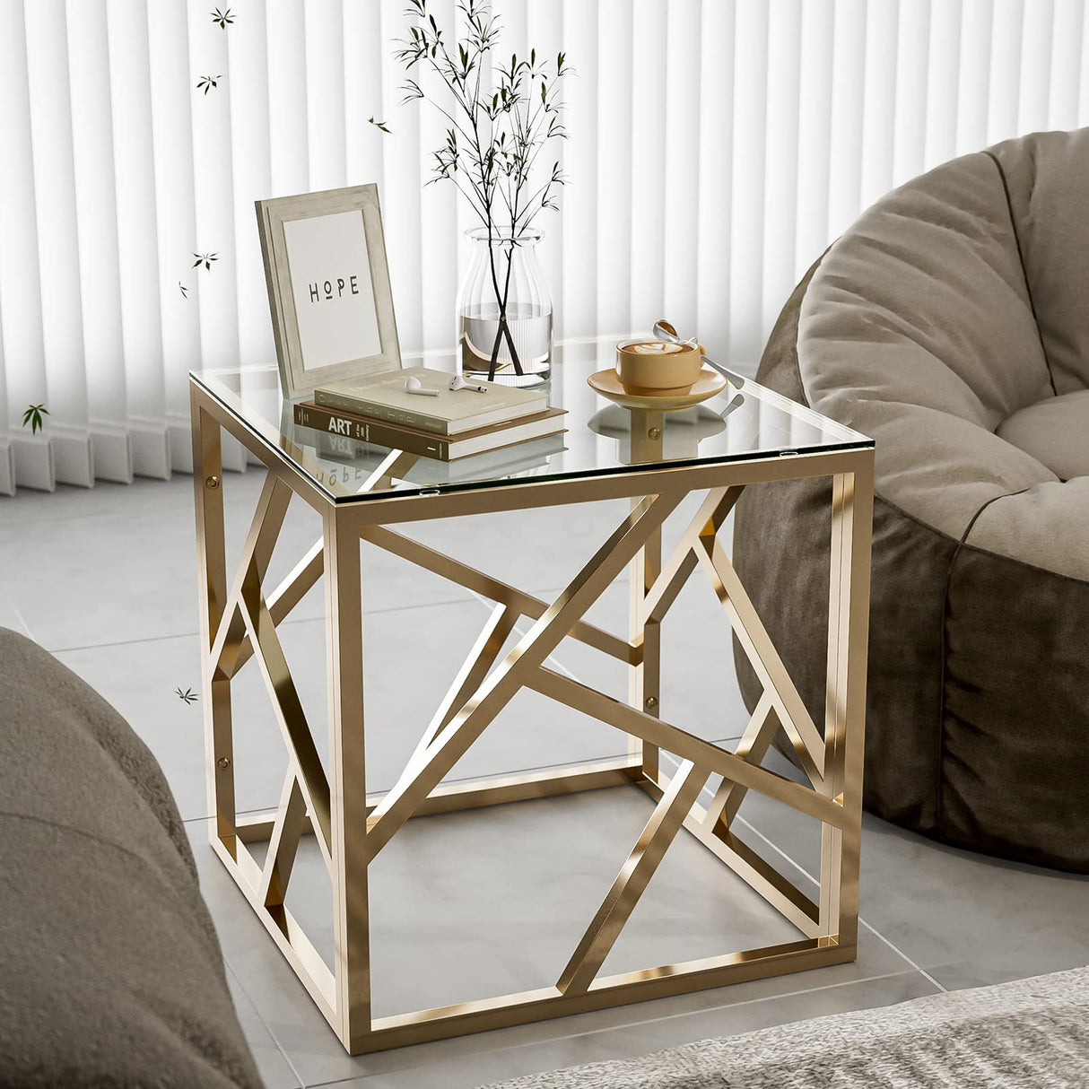 Square Glass End Table with Shelf Stainless Steel Structure, Modern Golden Nightstand