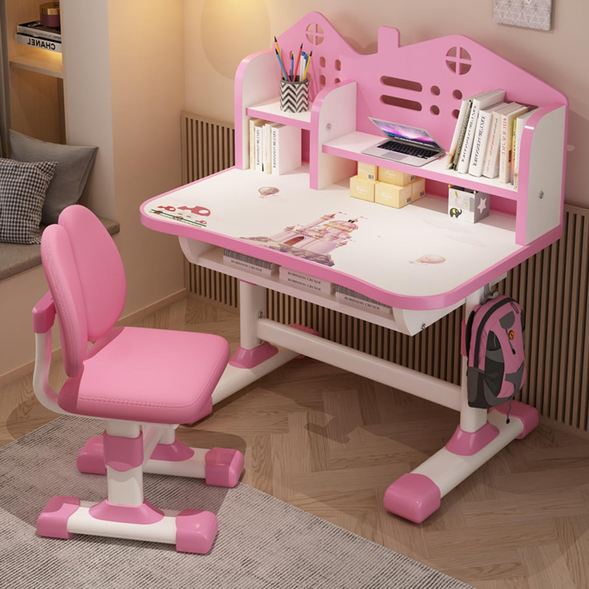 and Chair Set, Ergonomic Height Adjustable Children School Study Desk with Bookstand Widened, Study Table Storage Drawer for Boys Girls(Pink) Pink