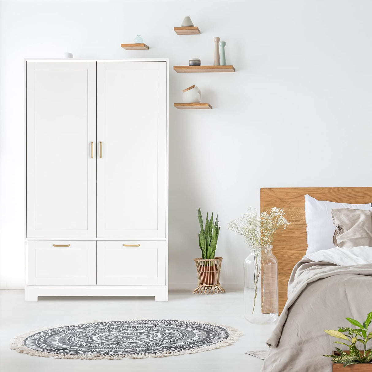 Wide White Armoire Wardrobe Closet with Adjustable Shelves and Drawers