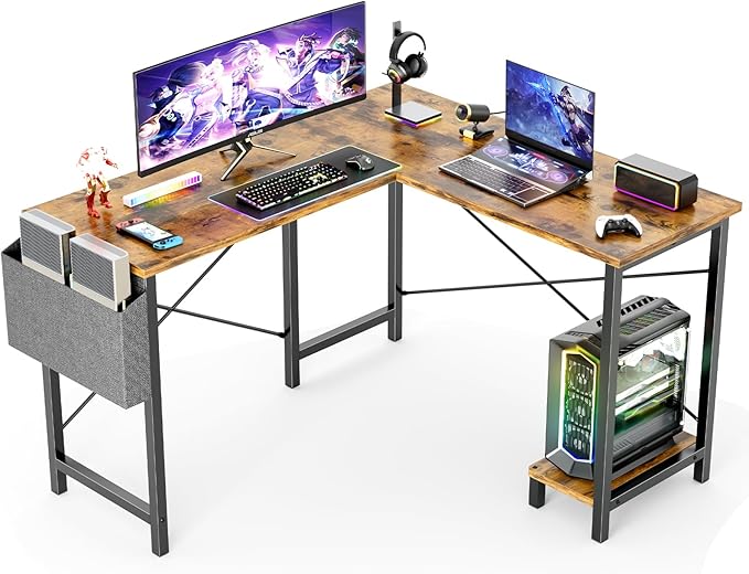 L Shaped Computer Desk Wood Corner PC Gaming Table with Side Storage Bag for Home