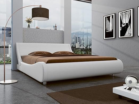 Modern Low Profile Platform Bed Frame Queen Size, Stylish Faux Leather Upholstered