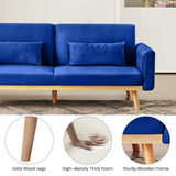 Blue Futon Sofa Bed, Velvet Convertible Sofa Couch Sleeper with Wood Legs & 2 Pillows