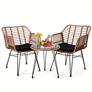 3 Pieces Wicker Patio Bistro Furniture Set, Includes 2 Chairs and Glass Top Tabler