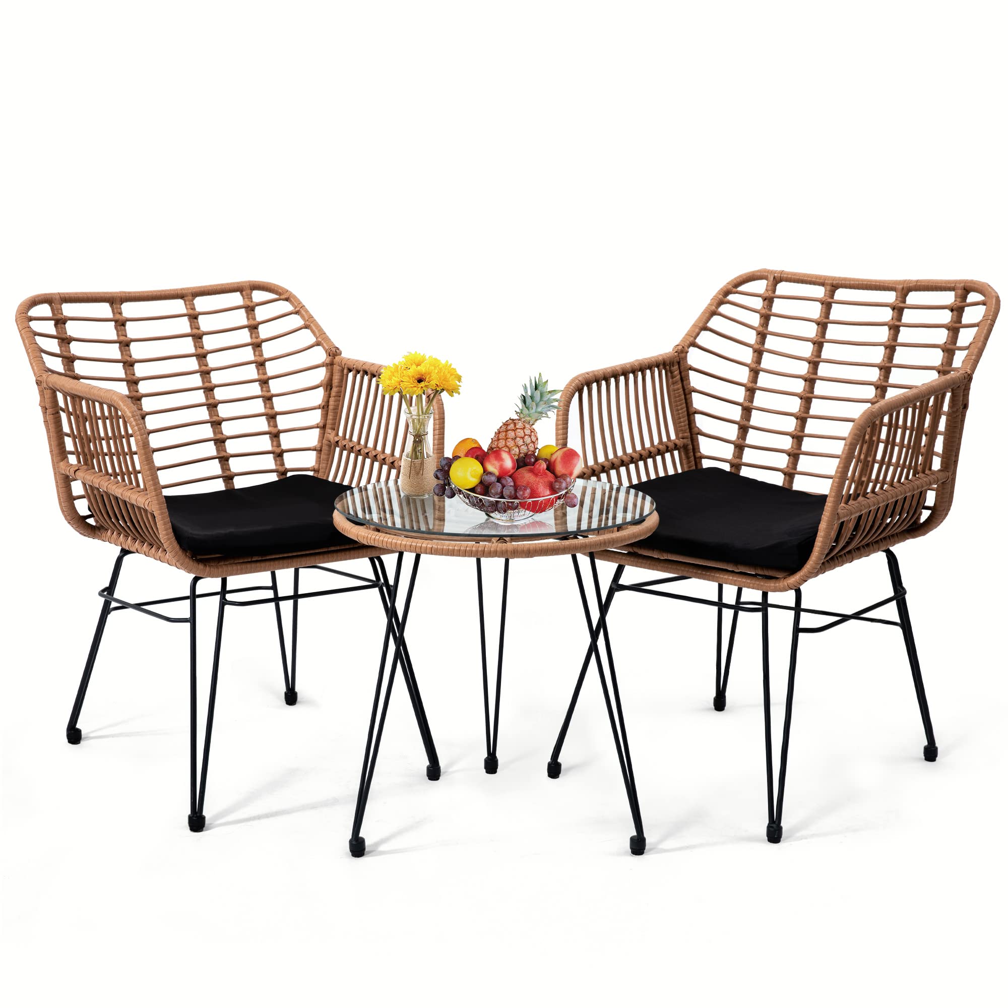 3 Pieces Wicker Patio Bistro Furniture Set, Includes 2 Chairs and Glass Top Tabler