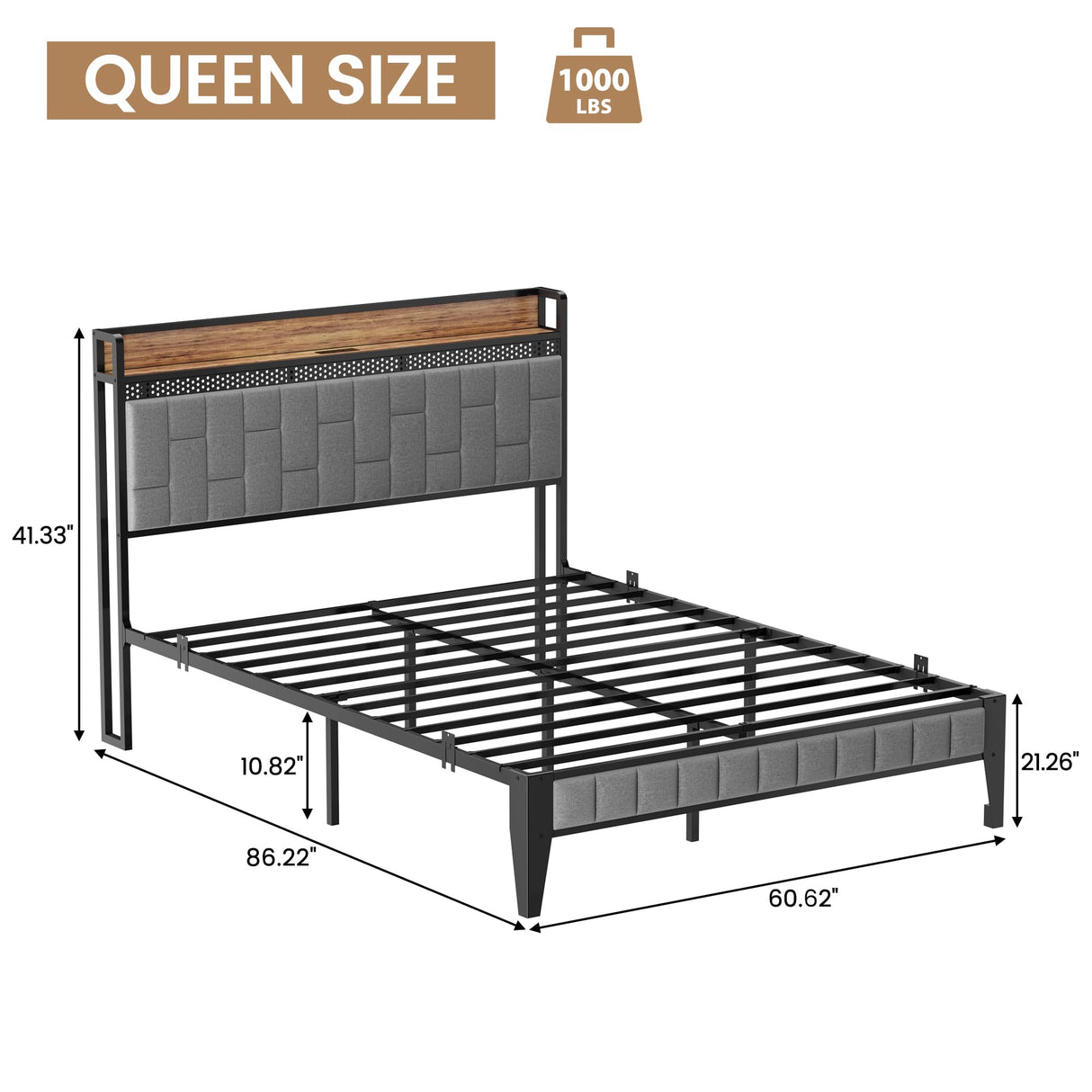 GarveeHome Queen Led Bed Frame with Charging Station and Storage Headboard, Modern Upholstered Heavy Duty Metal Platform Bed, No Box Spring Needed, Easy Assembly, Grey