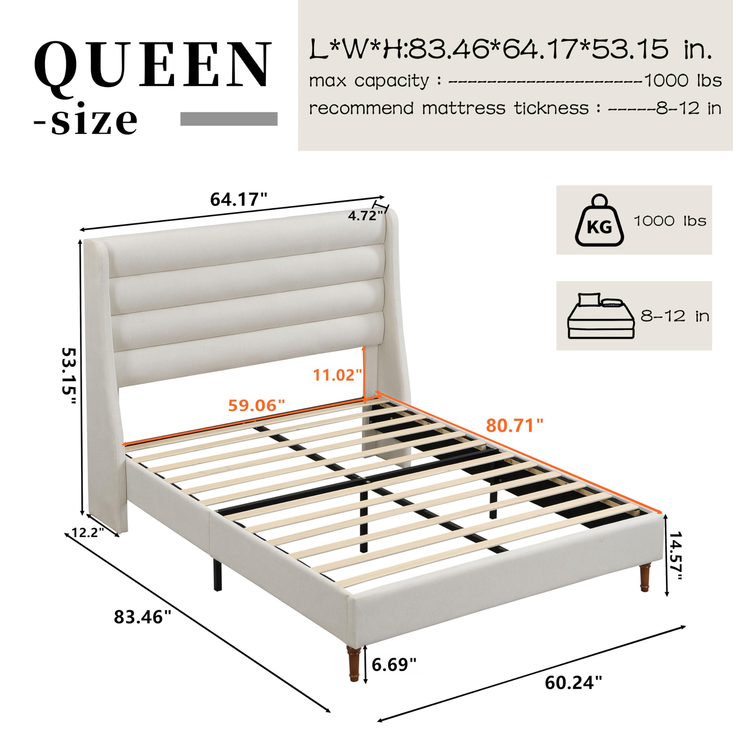 Queen Platform Bed with Wave Headboard - Ivory Chenille