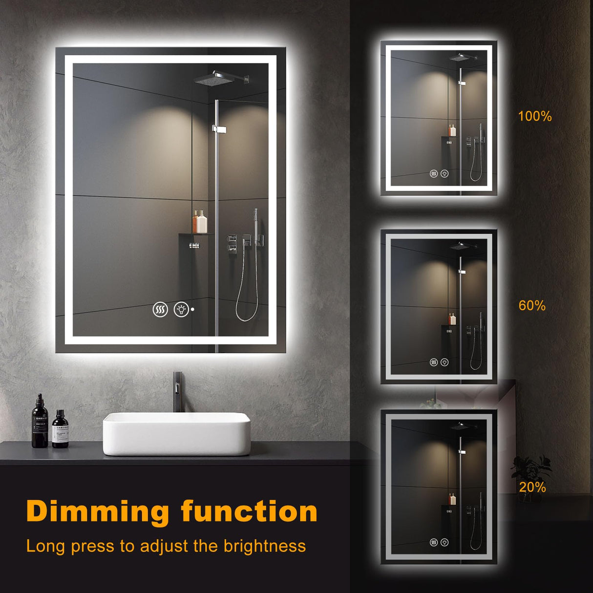 48x32 LED Smart Mirror with Anti-Fog & Dimmable Lighting