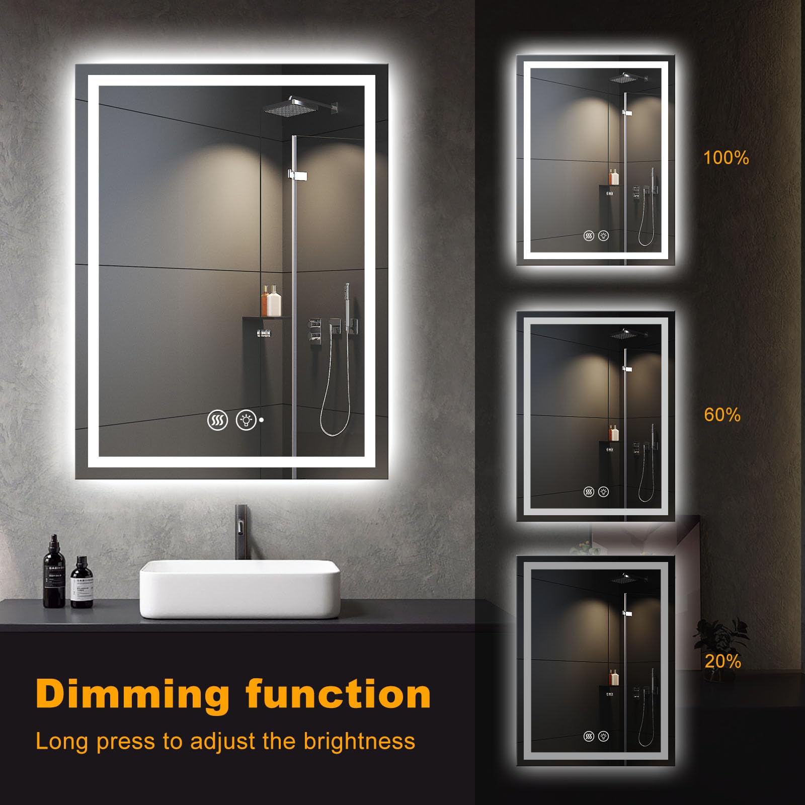 48x32 LED Smart Mirror with Anti-Fog & Dimmable Lighting